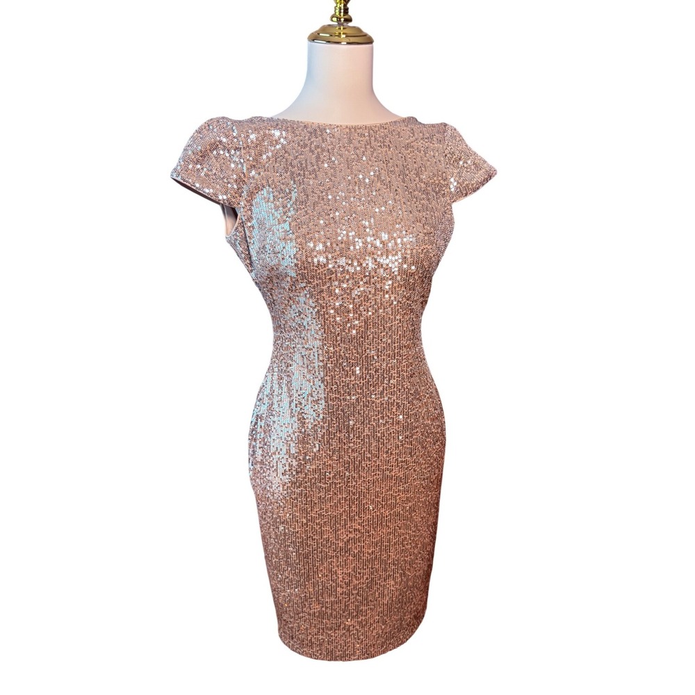 Calvin Klein Rose Gold Sequin Cowl Back Cocktail Dress Sheath Cap Sleeve 2